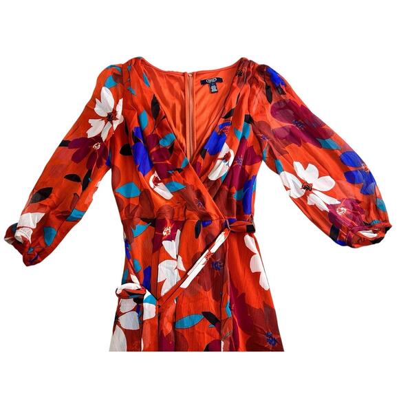 Chaps Floral Wrap Midi Dress Sz 8 Lined 3/4 Sleeve Colorful Belt V-Neck - Picture 3 of 8